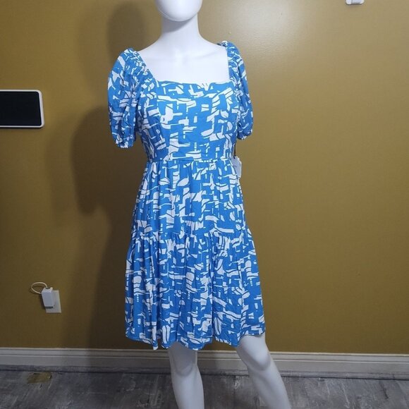 NWT Japna Short Puff Sleeve Off Shoulder Geometric Tie Back Fit & Flare Dress L - Picture 1 of 7